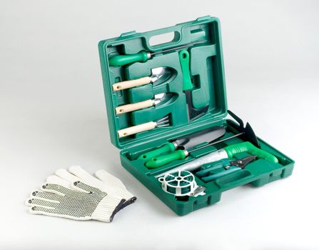Gardening tools kit in green case