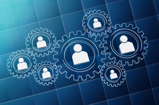 3d blue glass gearwheels with person signs over blueprint background