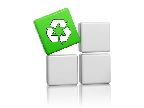 3d green cube with recycle sign on grey boxes