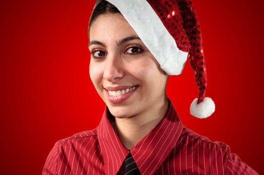 smiling business christmas girl on red background