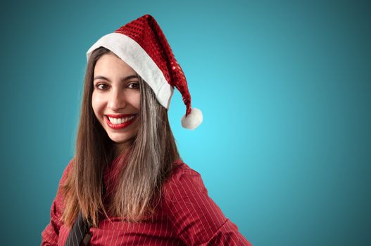 smiling business christmas girl on blue background