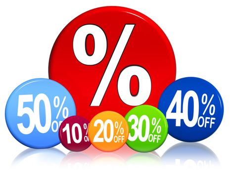 percent sign and different percentages in 3d colorful circles