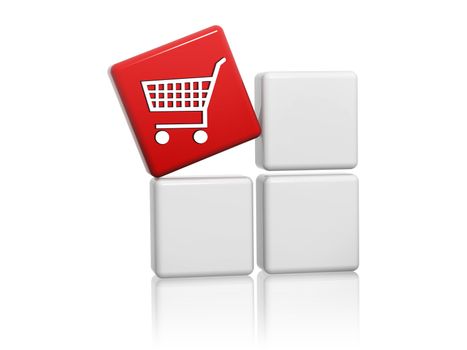3d red cube with shopping cart sign on grey boxes