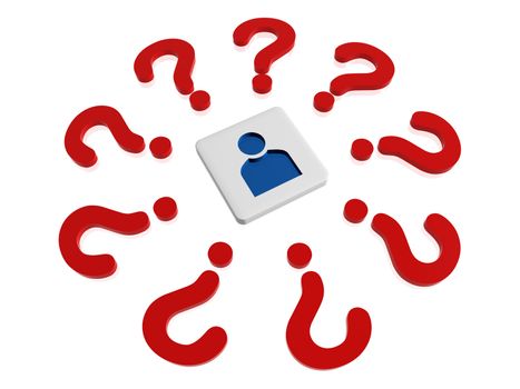 3d person sign in block with red question-marks in circle