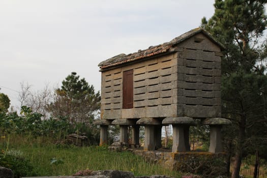 Typical horreo, a structur peculiar to Galicia, used for storage of grain and potatoes
