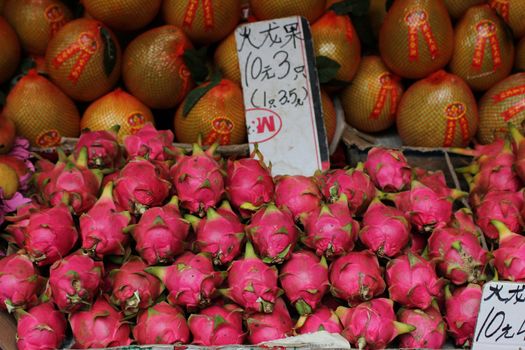 Exotic dragon fruits in a Chinese market