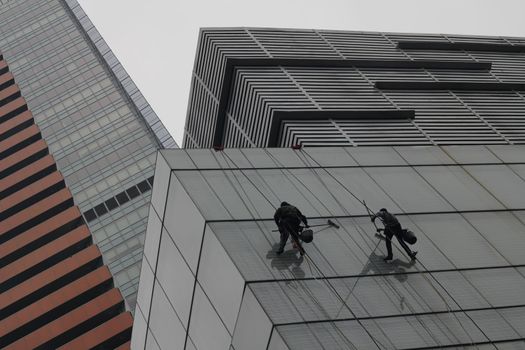 Men cleaning skyscraper windows, climbing with ropes in China