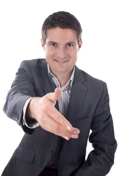 young business man shaking hand in front of white background