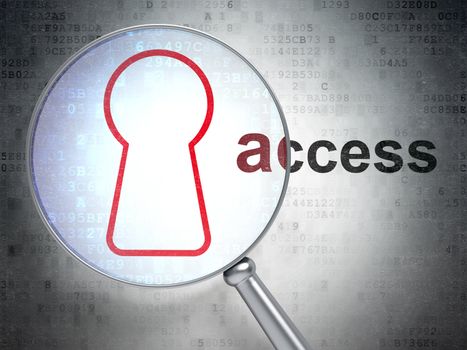 Magnifying optical glass with keyhole icon and "access" word on digital background, 3d render