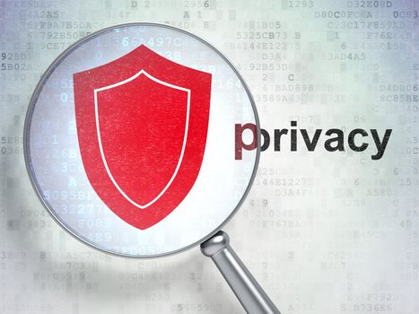 Magnifying optical glass with shield icon and "privacy" word on digital background, 3d render
