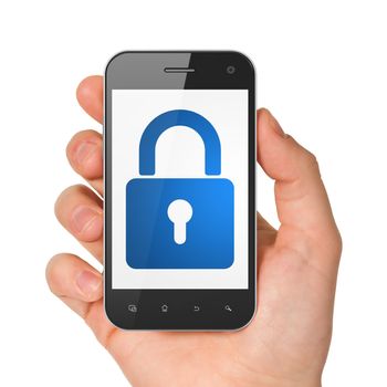 Hand holding smartphone with closed padlock on display. Generic mobile smart phone in hand on white background.