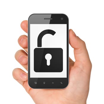 Hand holding smartphone with opened padlock on display. Generic mobile smart phone in hand on white background.
