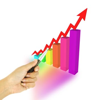 a pen pointing 3d arrow and bar graph
