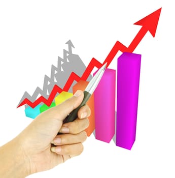 a pen pointing 3d arrow and bar graph