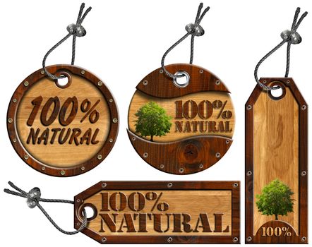 Four wooden tags - 100% Natural with tree, steel cable and metal rivets
