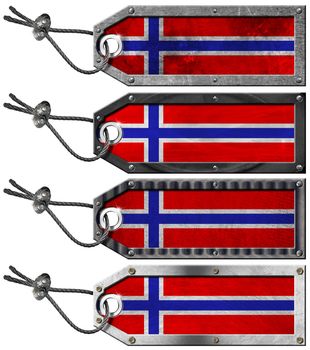 Four grunge metallic tags with norwegian flags, steel cable and metal rivets