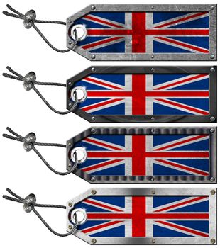 Four grunge metallic tags with UK flags, steel cable and metal rivets
