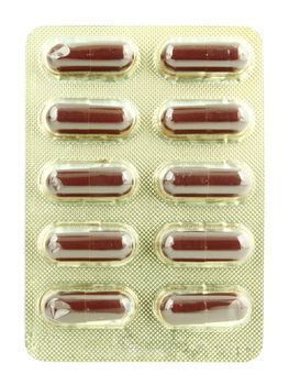 brown pills pack on white background