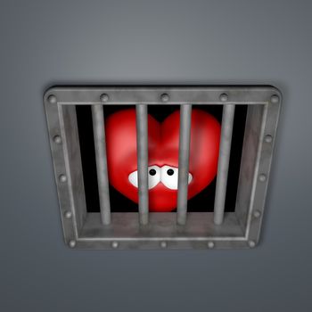 sad cartoon heart behind prison window - 3d illustration