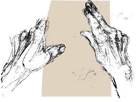Black and white hand drawn sketch of the hands of an old man or woman holding a piece of paper and reading