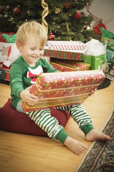 Cute Young Boy Enjoying Christmas Morning Near The Tree.