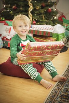 Cute Young Boy Enjoying Christmas Morning Near The Tree.