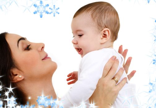 picture of happy mother with baby and snowflakes