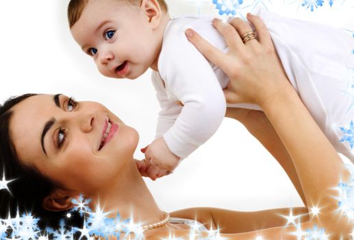 picture of happy mother with baby and snowflakes