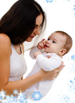 picture of happy mother with baby and snowflakes