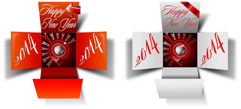 Two open box with timer and written happy new year 2014 on white background