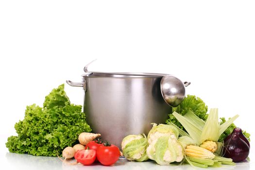 Fresh tasty vegetables with pan and soup ladle over a white background