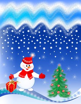 
Smiling snowman on a snowy background invites to the a Christmas tree