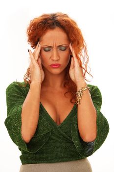 Atractive redhead woman have a headache isolated on a white