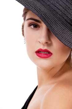 glamour woman with black hat and red lips portrait isolated on white