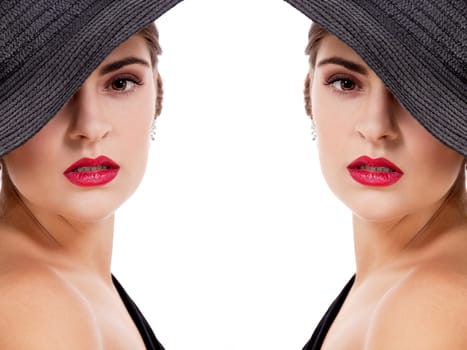 glamour woman with black hat and red lips portrait isolated on white