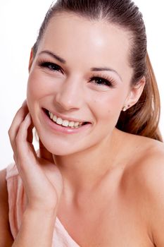 young brunette woman with beautiful smile portrait isolated on white background