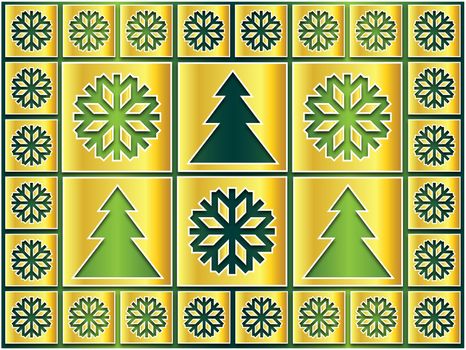 Christmas icons golden snowflakes and trees on a green background