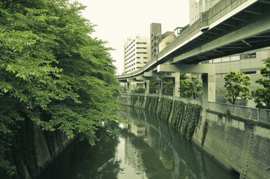 Edogawa river with green trees on one side and hanged highway on another side inside Tokyo Metropolis