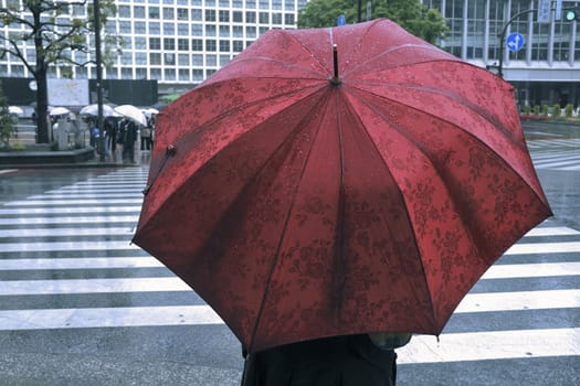 woman with red umbrella waiting for zebra crossing in Tokyo, focus on umbrella