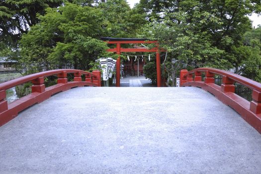 way over Japanese bridge leads to temple's gate