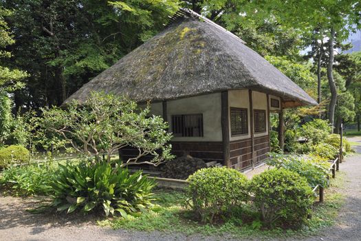 exterior of traditional Japanese hut with straw roof in natural environment