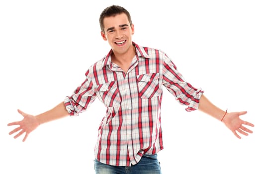 Handsome and young positive man with open hands isolated on a white