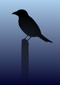 Illustration of a black crow perched on a post