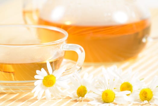 A teacup and a teapot with herbal chamomile tea