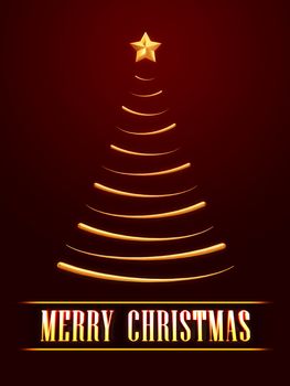 3d text Merry Christmas and golden christmas tree with gold star over red background