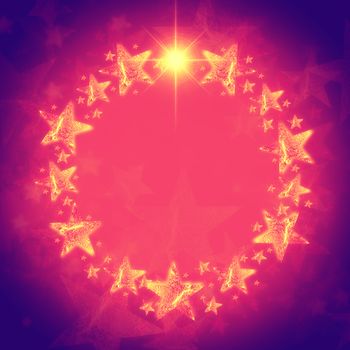 abstract christmas wreath of golden stars in circle over violet and pink background with text space