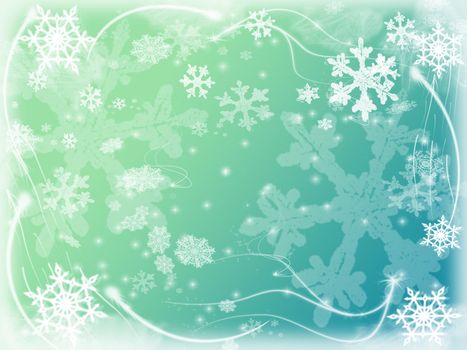 abstract blue green winter background with snowflakes, stars and lights
