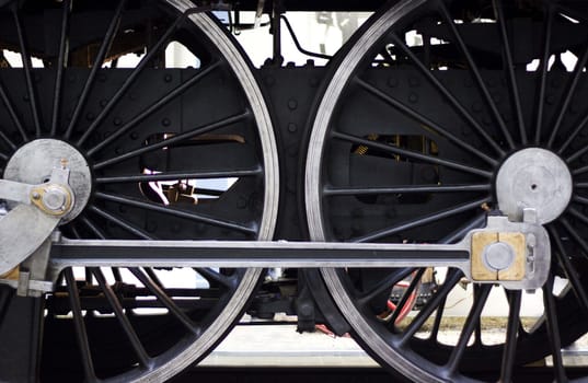 Close up of wheels of vintage train in Technical Museum in Prague