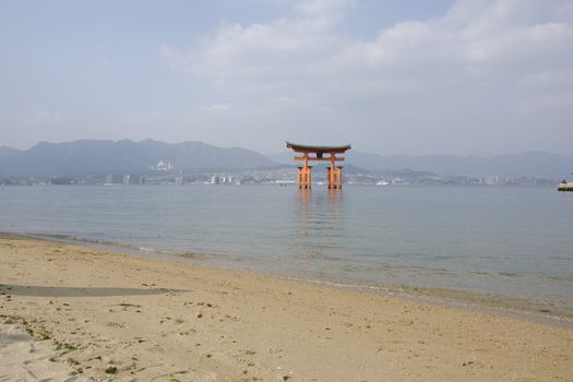 Tori gate at Itsukushima Shrine on Miyajima Island, near Hiroshima, Japan