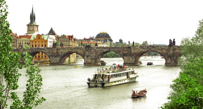 View of an Old town of Prague, the Charles Bridge and the Vltava River. Czech Republic